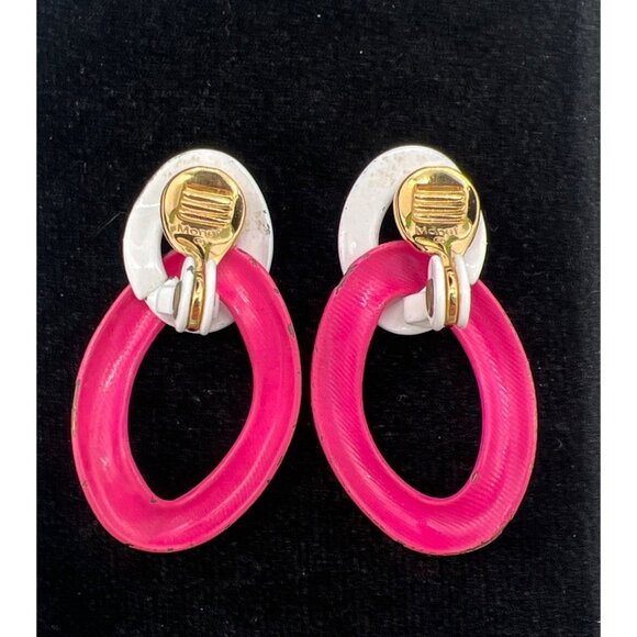 Monet Two Tone Color Block Enamel Hoop Clip On Earrings - Picture 5 of 6